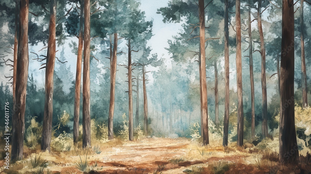 Obraz premium Woody scent, oak and pine, watercolor style