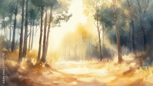 Essence of sandalwood and pine, soft light, watercolor style