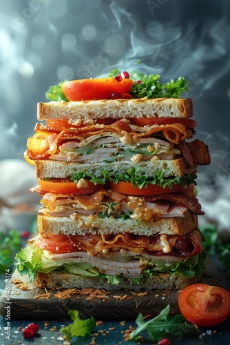 A tall sandwich with multiple layers of meat, cheese, lettuce, tomato, and sauce. The sandwich is on a wooden cutting board, and steam is rising from it