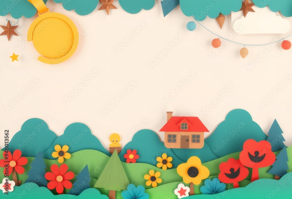 Paper cut-out scene with a house, trees, flowers, sun and clouds.
