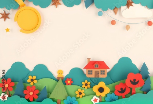 Paper cut-out scene with a house, trees, flowers, sun and clouds.