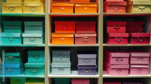 Neatly stacked shelves filled with colorful boxes