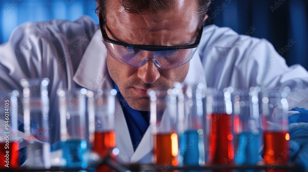 A scientist with focus work on a laboratory experiment A scientist with focus work on a laboratory experiment