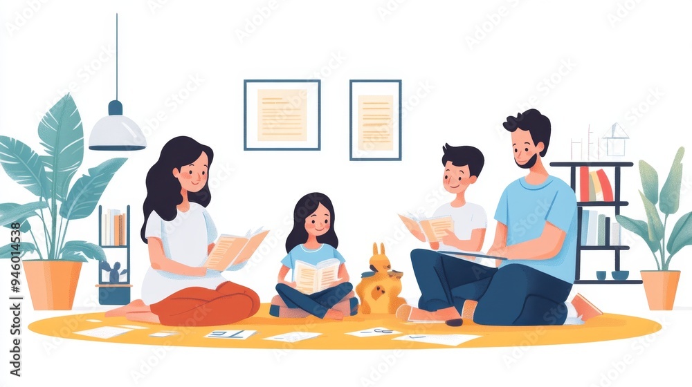 Happy Family Reading Together at Home Happy Family Reading Together at Home