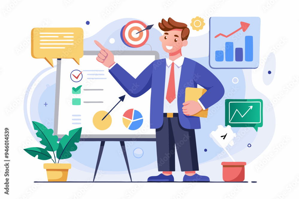 Fototapeta premium Business strategy planning, marketing tactic or winning strategy to achieve target, project blocker and solution to be success concept, smart businessman presenting business strategy on whiteboard 