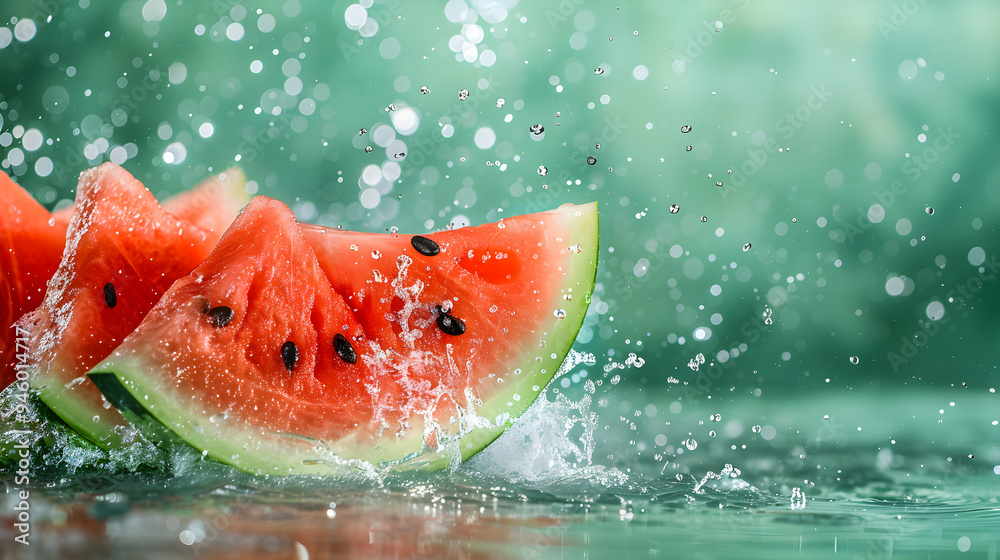 Slices of juicy ripe watermelon in a splash of water on a beautiful green background with copy space Slices of juicy ripe watermelon in a splash of water on a beautiful green background with copy space