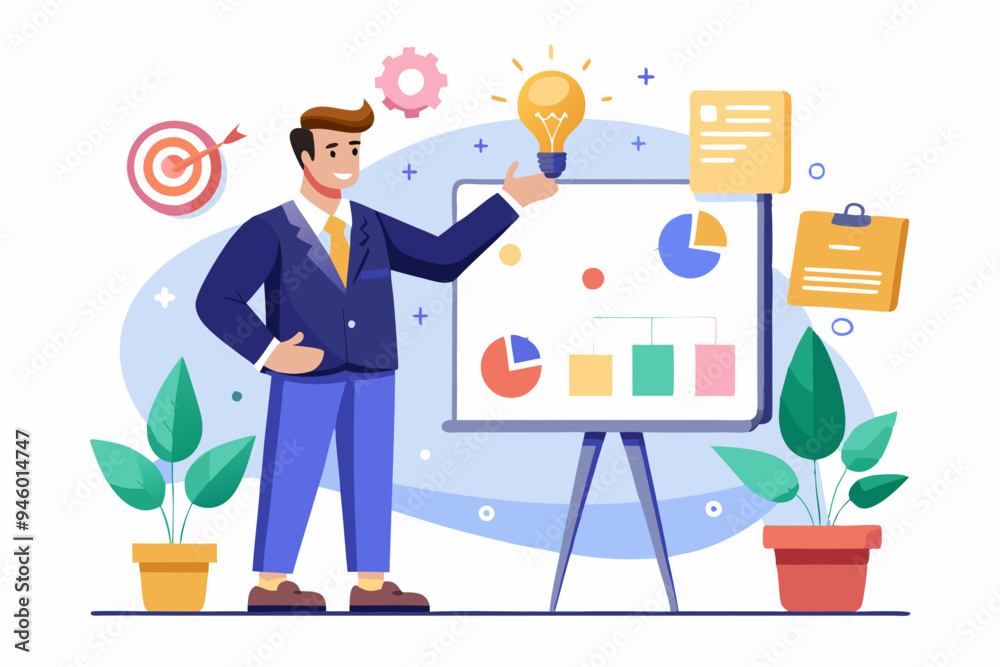 Business strategy planning, marketing tactic or winning strategy to achieve target, project blocker and solution to be success concept, smart businessman presenting business strategy on whiteboard
