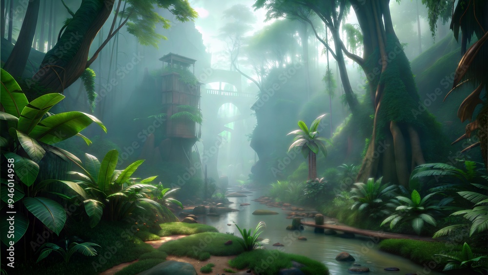 Fototapeta premium a jungle with foggy conditions illustration background