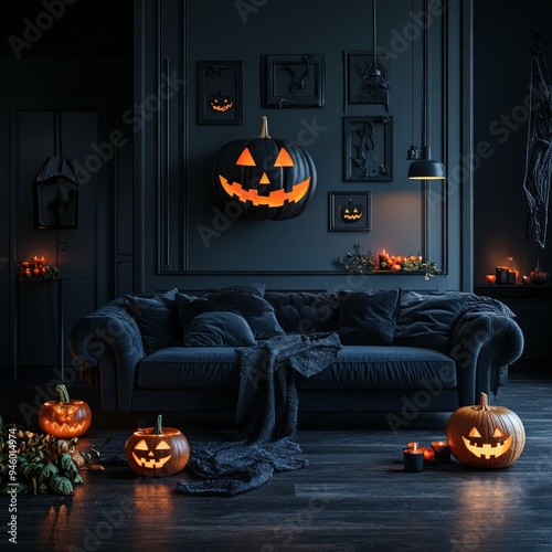Interior of dark living room with Halloween pumpkins and burning candles