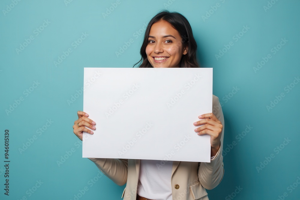 Smiling Woman Holding a Blank White Sign in Front of a Blue Background Smiling Woman Holding a Blank White Sign in Front of a Blue Background