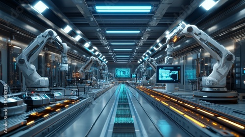 Futuristic Factory Interior with Automated Robotic Arms and Conveyor Belt