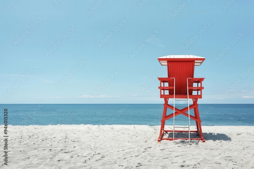 Lifeguard tower overlooking a crowded summer shore, beach security, surveillance Lifeguard tower overlooking a crowded summer shore, beach security, surveillance