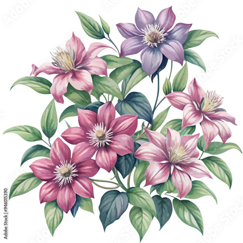 Watercolor Bouquet of Clematis Flowers with Pink, Purple, and White Petals