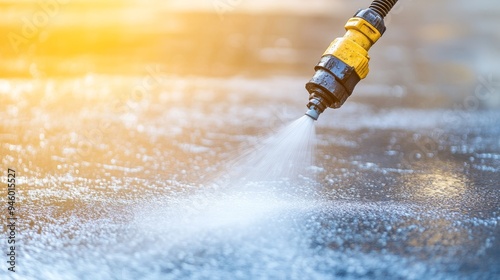 A high-pressure hose spraying water onto a concrete floor, revealing the clean surface beneath photo