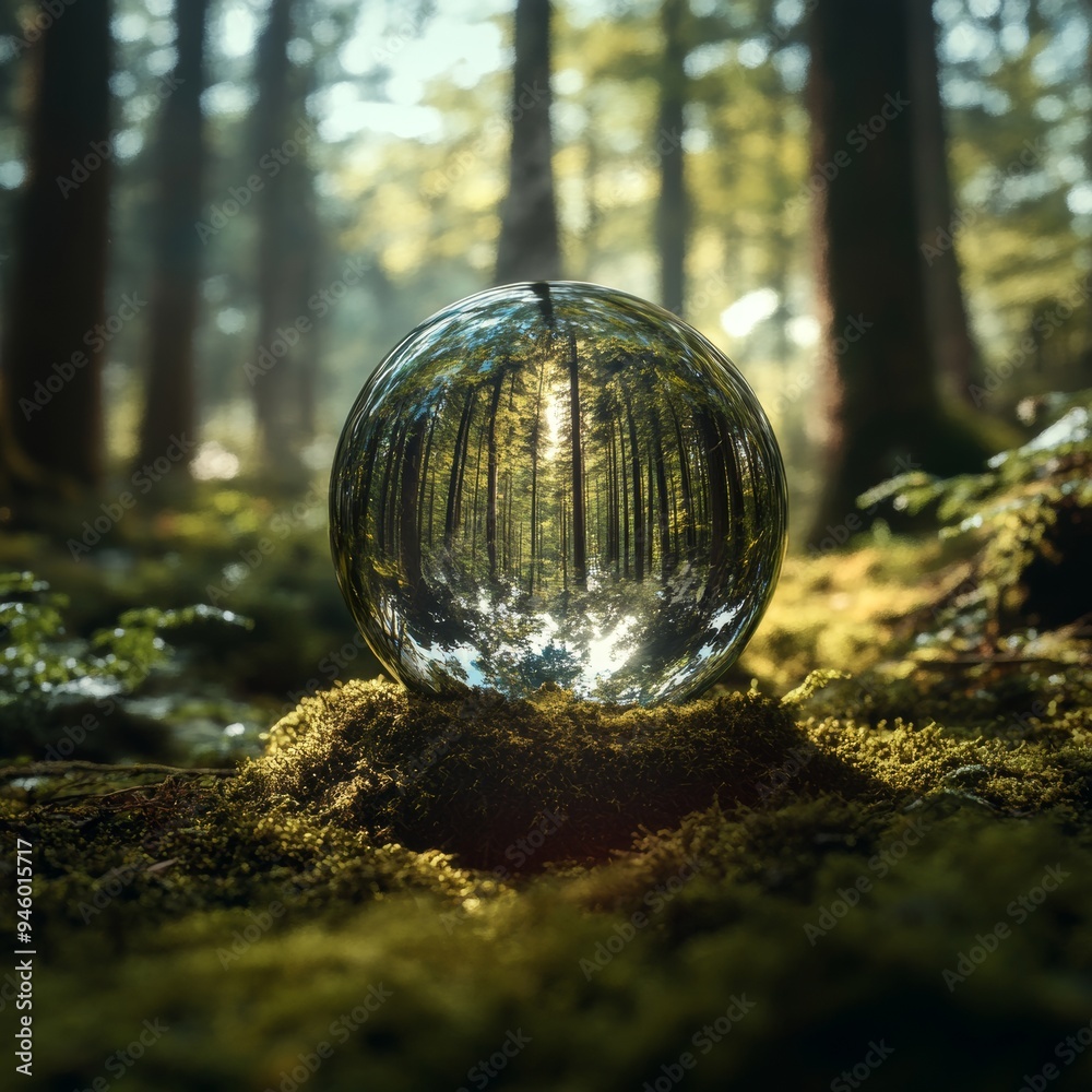 Glass ball on moss in the forest - environmental concept