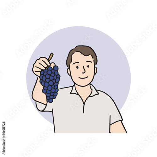 Illustration of a male farmer holding grapes in his hand in a vineyard