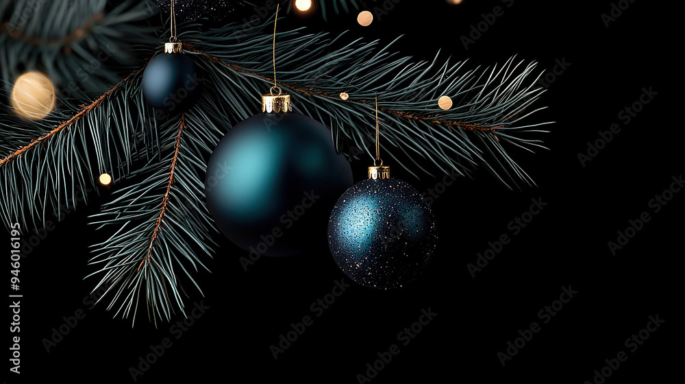 A Blue Christmas Ornament dangles from a Pine Tree, adorned with Gold & Silver Ornaments A Blue Christmas Ornament dangles from a Pine Tree, adorned with Gold & Silver Ornaments