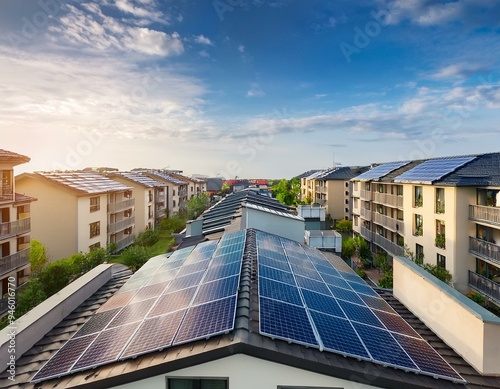Residential condominium buildings with photovoltaic solar panels on the roof, Generative AI