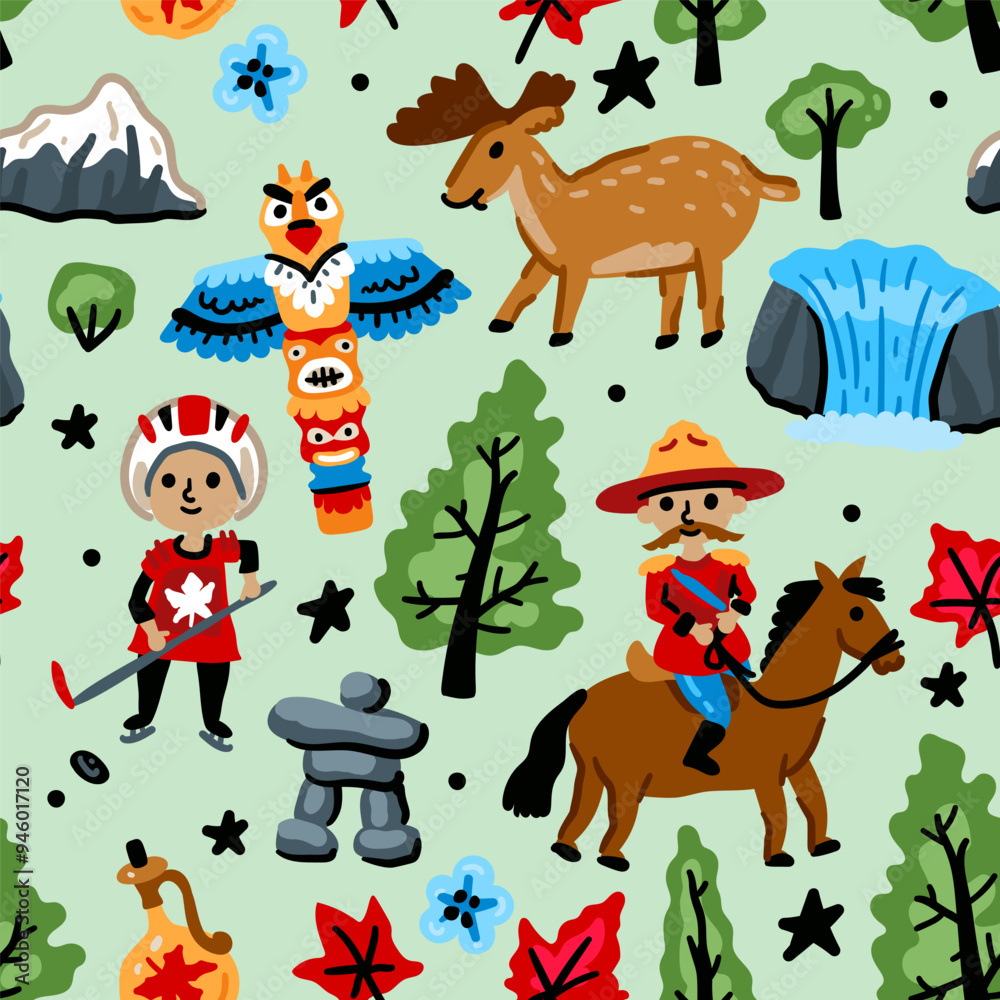 Bright cheerful children seamless vector pattern with symbols of Canada. American Indian, maple leaf, indian totem, mounted police. Alaska landmarks. Childish Forest travel background. North America Bright cheerful children seamless vector pattern with symbols of Canada. American Indian, maple leaf, indian totem, mounted police. Alaska landmarks. Childish Forest travel background. North America