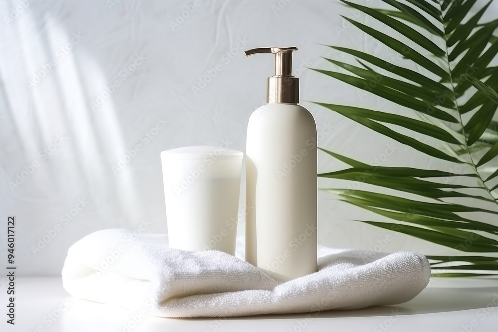 White cosmetic bottles cosmetics towel white. White cosmetic bottles cosmetics towel white.