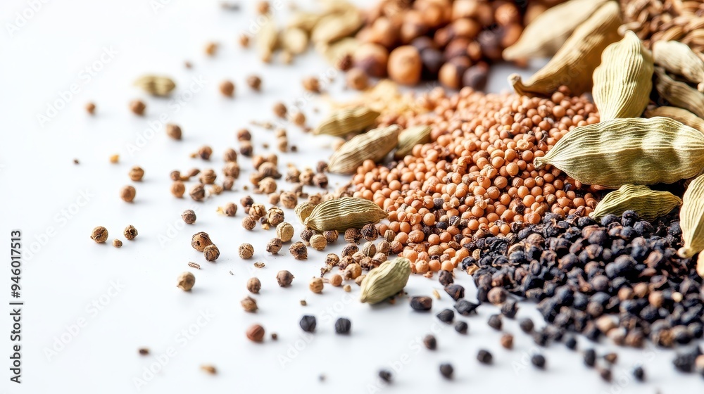 A variety of spices and seeds arranged on a white surface. A variety of spices and seeds arranged on a white surface.