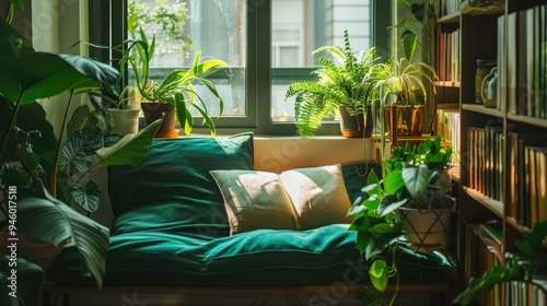 Cozy reading nook with green cushions and indoor plants photo