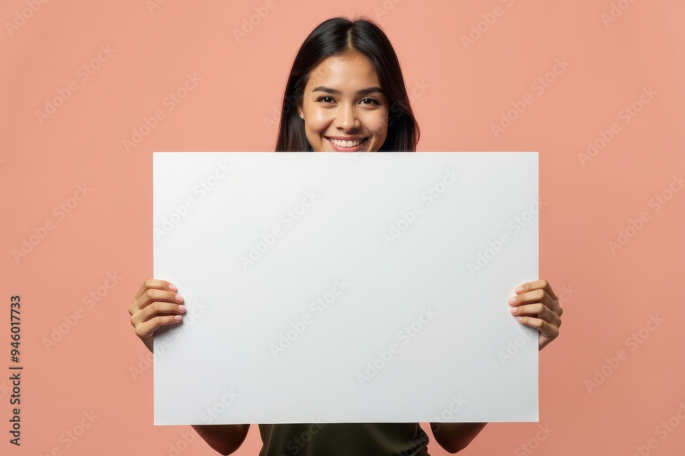 Smiling Woman Holding Blank White Paper in Front of Face Smiling Woman Holding Blank White Paper in Front of Face