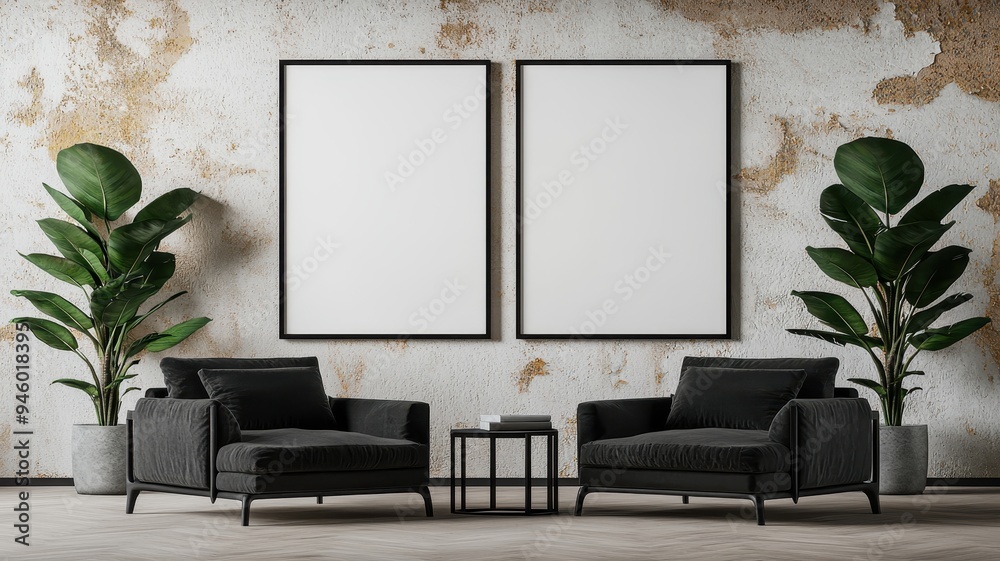Stylish living room with two black chairs, a small table, and decorative plants against a textured wall, perfect for modern spaces. Stylish living room with two black chairs, a small table, and decorative plants against a textured wall, perfect for modern spaces.