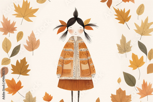 Aquarelle dessin -  Portrait d'une fille en manteau, entourée de feuilles d'automne. Style mignon et artistique.


