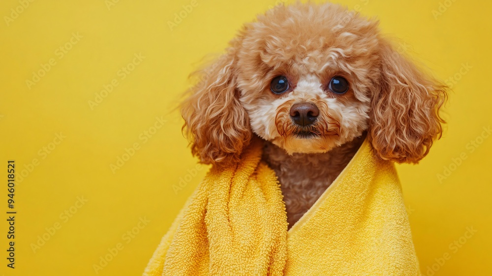 Adorable Toy Poodle Puppy with Towel on Vibrant Yellow Background Adorable Toy Poodle Puppy with Towel on Vibrant Yellow Background