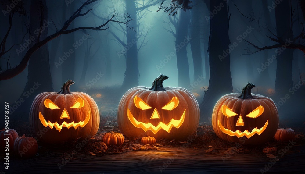 Three sinister carved pumpkins glowing in a dark, foggy forest setting, evoking a chilling Halloween atmosphere with a mysterious vibe Three sinister carved pumpkins glowing in a dark, foggy forest setting, evoking a chilling Halloween atmosphere with a mysterious vibe