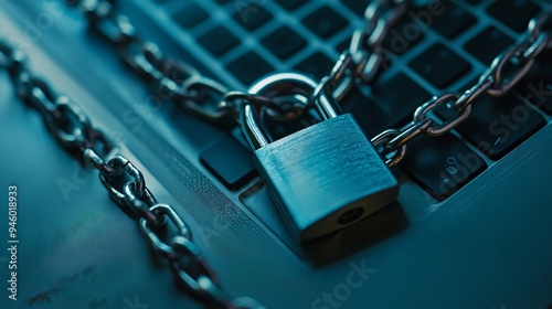 Cyber Security Concept with Padlock and Chain on Laptop Top View