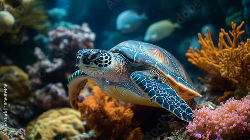 Wallpaper Mural A green sea turtle swimming gracefully through a vibrant coral reef filled with colorful fish and marine life in calm ocean waters Torontodigital.ca