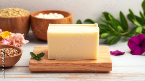 Organic soapmaking process, natural ingredients being mixed, 3D illustration