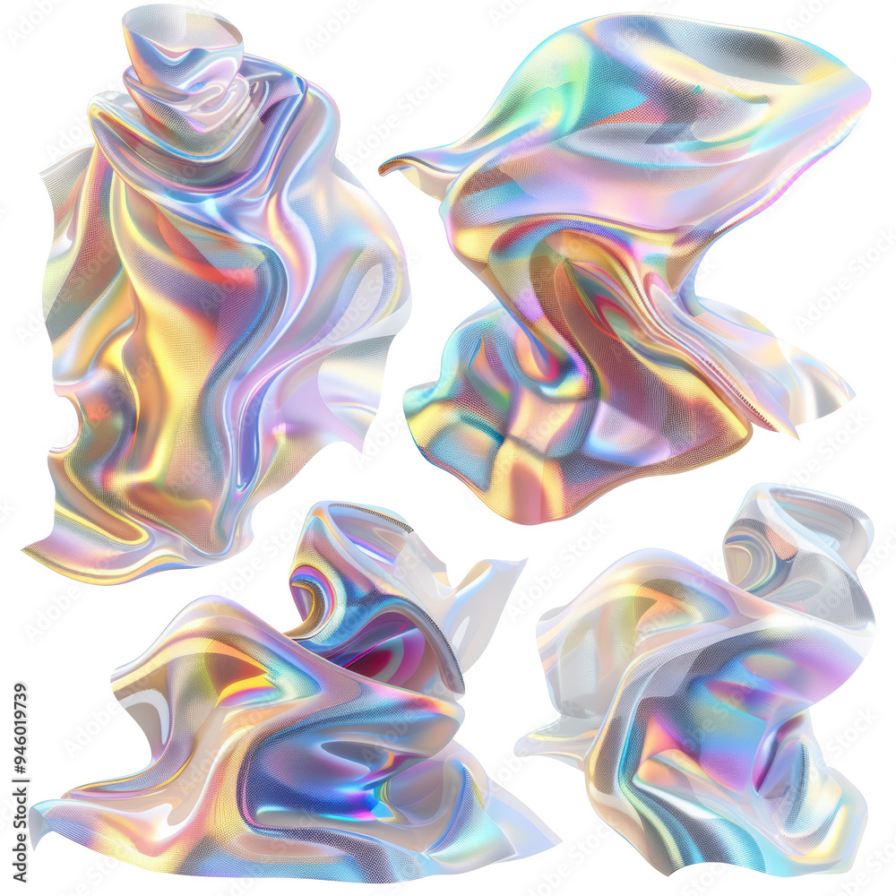 Obraz premium Set of 3D Iridescent Holographic Fluid Shapes Pastel Green Isolated on Transparent or White Background, PNG