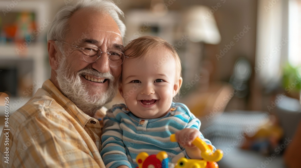 Joyful Grandfather Bonding with Toddler Grandson through Playtime in Home Living Room Joyful Grandfather Bonding with Toddler Grandson through Playtime in Home Living Room