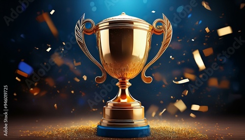 Winner trophy on dark background with golden confetti, golden and blue trophy, Generative AI