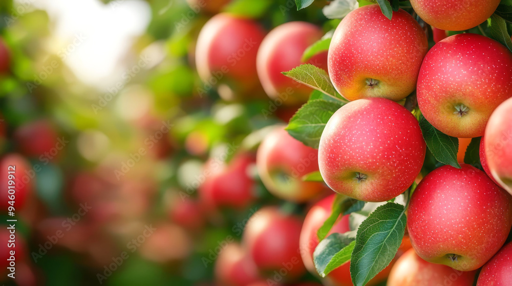 Organic apple orchard, trees full of ripe apples, 3D illustration Organic apple orchard, trees full of ripe apples, 3D illustration