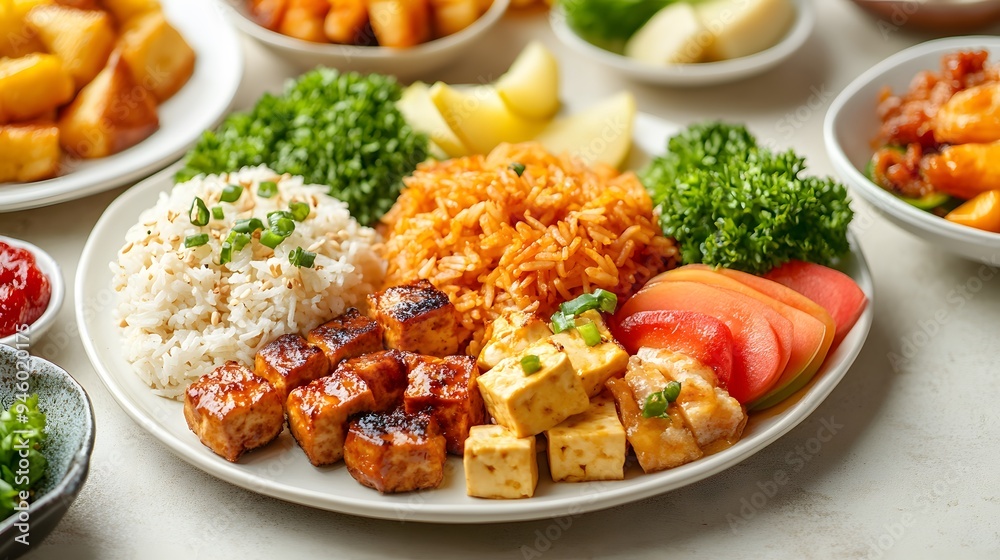 A vibrant Asian breakfast set with a selection of dishes like fried rice, tofu, and sliced fruit, served on elegant white plates. The background is neutral, focusing on the rich colors of the food. A vibrant Asian breakfast set with a selection of dishes like fried rice, tofu, and sliced fruit, served on elegant white plates. The background is neutral, focusing on the rich colors of the food.