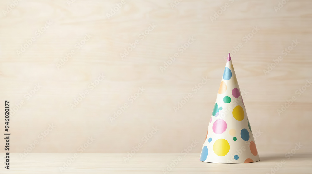 a vibrant patterned party hat standing alone on a light wooden surface, with copy space for text a vibrant patterned party hat standing alone on a light wooden surface, with copy space for text