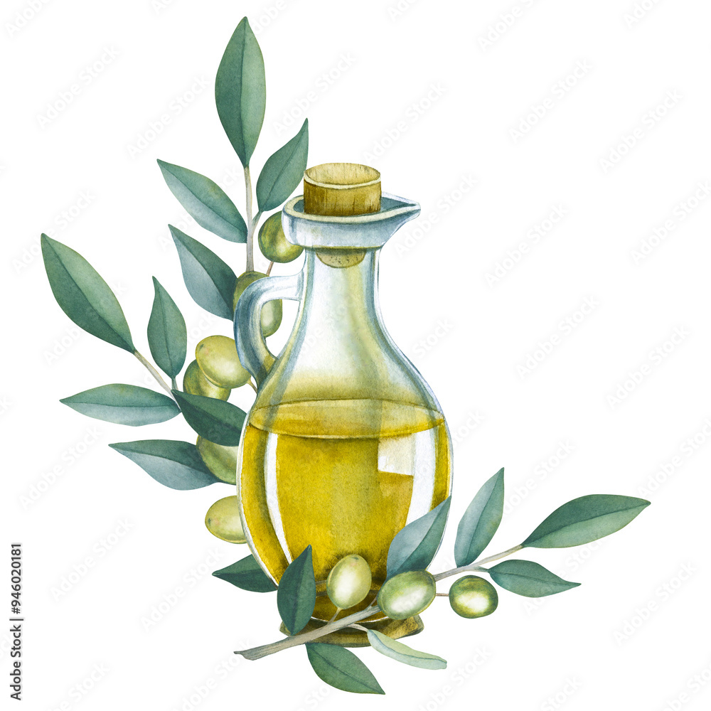 Olive oil in a glass jug with an illustration of olive branches. Olive ...