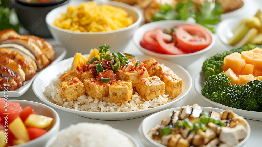 A vibrant Asian breakfast set with a selection of dishes like fried rice, tofu, and sliced fruit, served on elegant white plates. The background is neutral, focusing on the rich colors of the food. A vibrant Asian breakfast set with a selection of dishes like fried rice, tofu, and sliced fruit, served on elegant white plates. The background is neutral, focusing on the rich colors of the food.