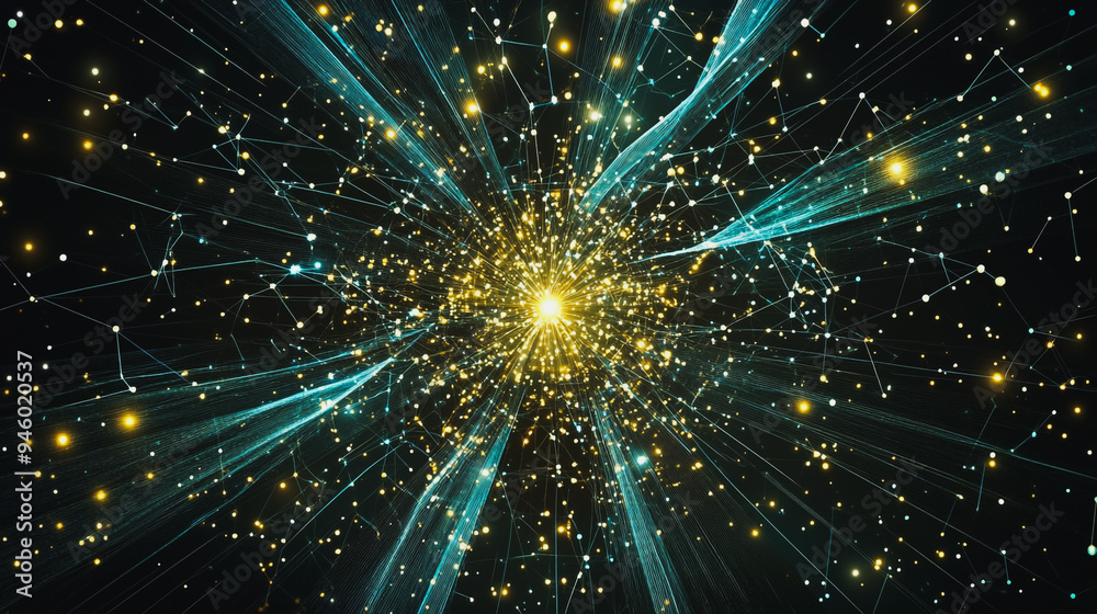 Fototapeta premium Abstract light explosion and network points, dot, earth's surface, digital background Innovation network points Earth's surface wave background digital wave information technology background