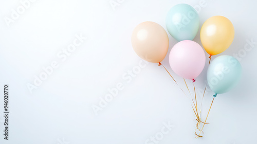 a small cluster of pastel-colored balloons gently tied together, with copy space for text