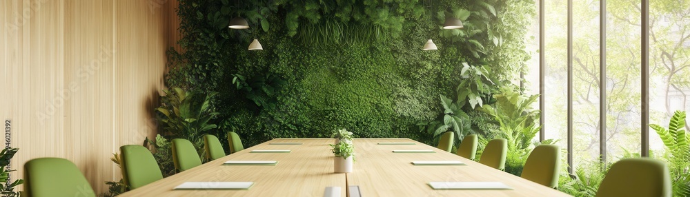 Natureinspired meeting room with wooden decor, green accents, Natureinspired meeting room with wooden decor, green accents,