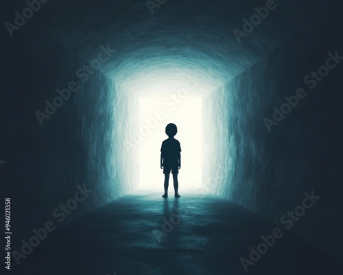 Silhouette of a child standing in a dark tunnel facing the light..