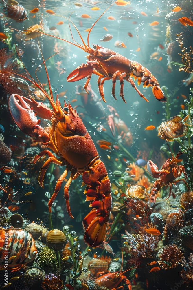 A captivating photograph showcasing two lobsters swimming amongst vibrant coral reefs and a myriad of colorful fish in a mesmerizing underwater scene A captivating photograph showcasing two lobsters swimming amongst vibrant coral reefs and a myriad of colorful fish in a mesmerizing underwater scene