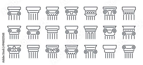 Ancient pillar editable stroke outline icons set isolated on white background flat vector illustration. Pixel perfect. 64 x 64.