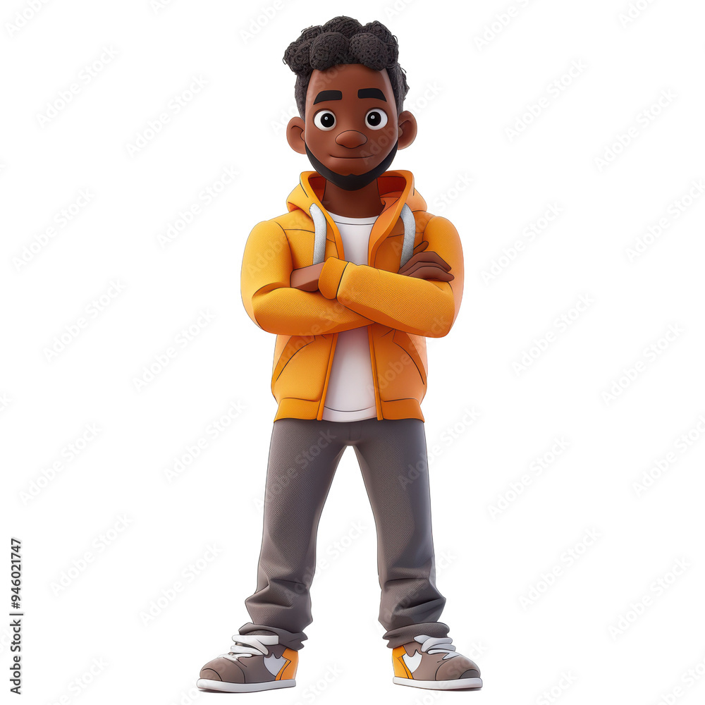 3D Cartoon Black Man Standing with Arms Crossed Isolated on Transparent or White Background, PNG