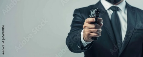 Man in a suit holding a handgun, background in soft focus, concept of security, protection, crime, enforcement, and authority.